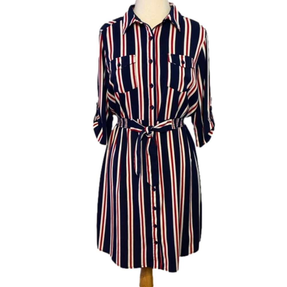 Millenium Shirtdress Elbow Length Tab Sleeves Red White Blue M